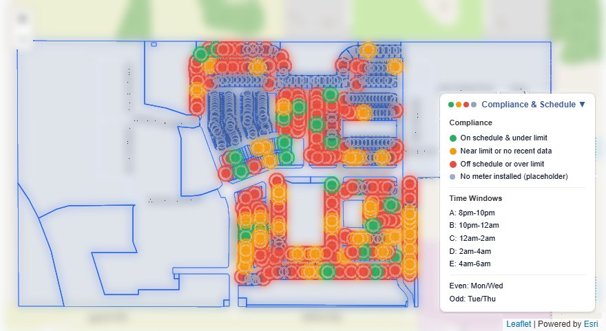 Community map with a dot on every home: green on schedule and under limit, orange near limit or no recent data, red off schedule or over limit, gray no meter yet; legend shows watering time windows and even/odd days