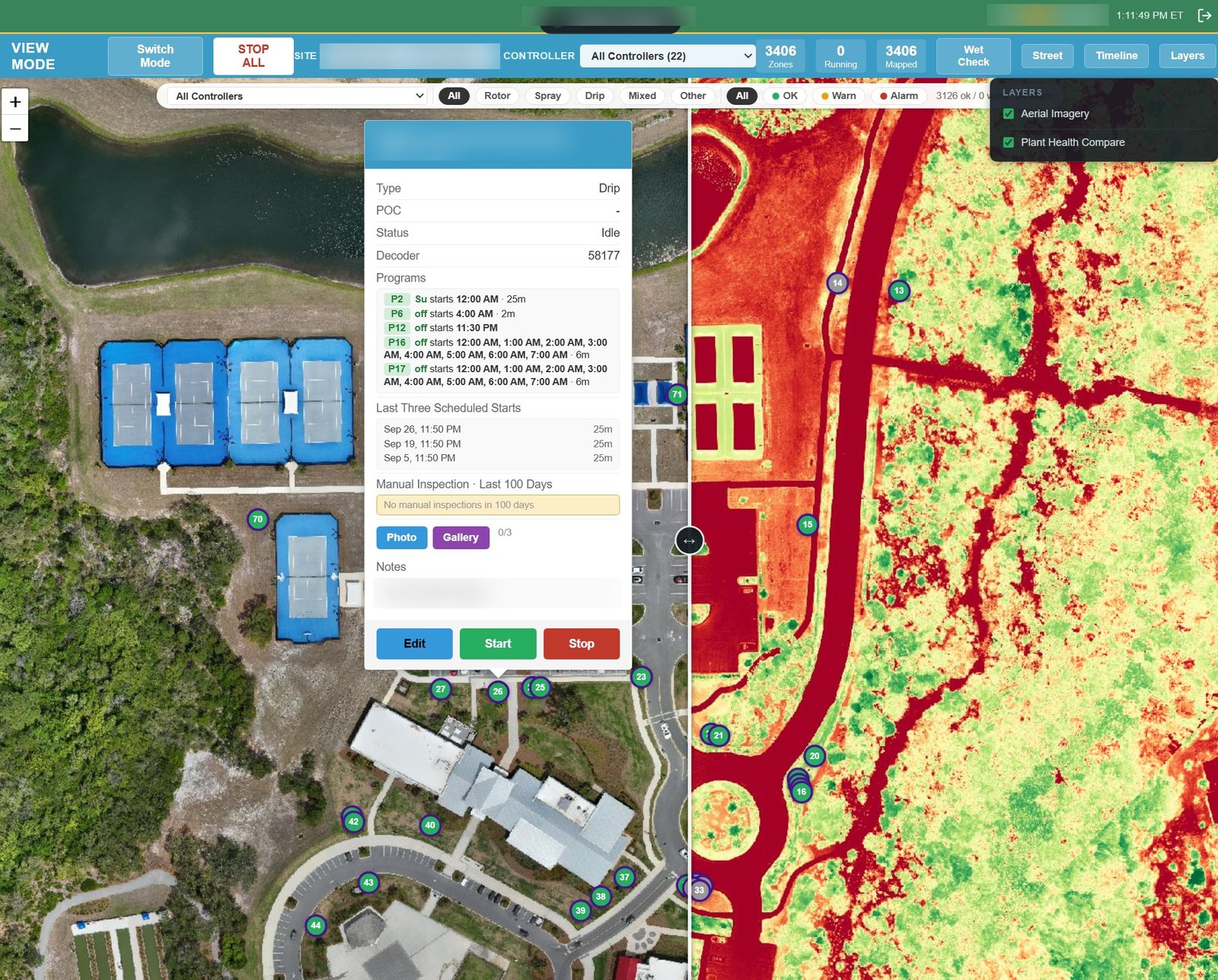 Zone map beside a plant health index from drone imagery, with a zone's decoder, programs and recent starts open