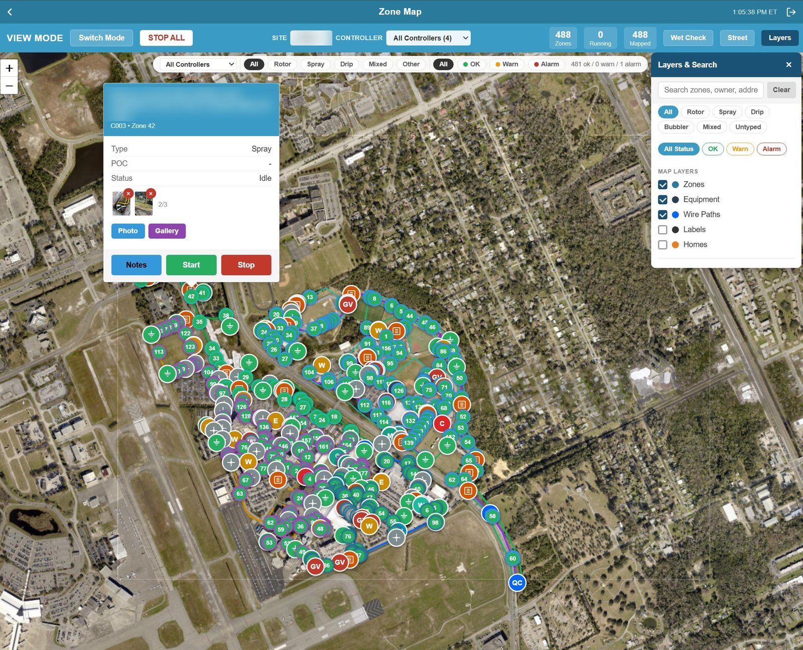 Zone map: every irrigation zone plotted on aerial imagery, with a zone's type, status and photos open in a panel